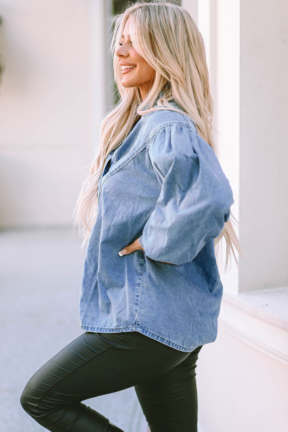 Long Sleeve Button-Down Denim Blue Jean Shirt