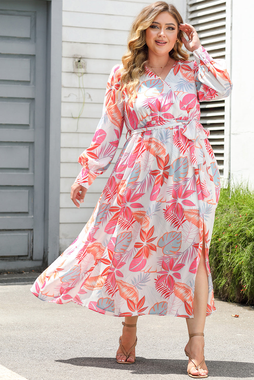 Long Sleeve V-Neck Tropical Print Plus Size Maxi Dress