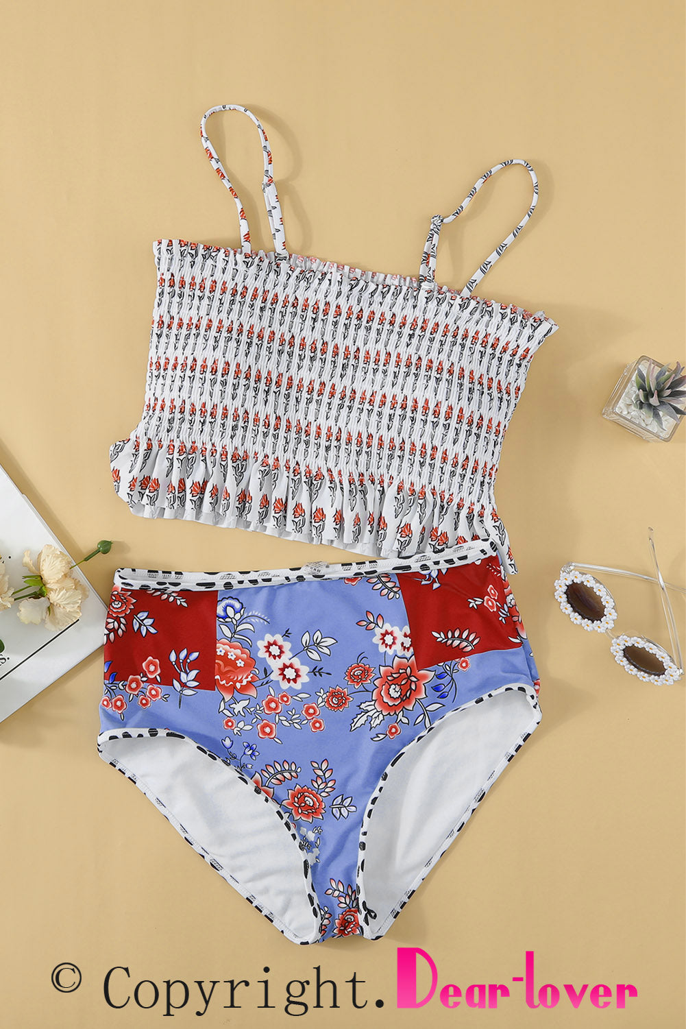 Two-Piece White and Purple Floral Print Bathing Suit