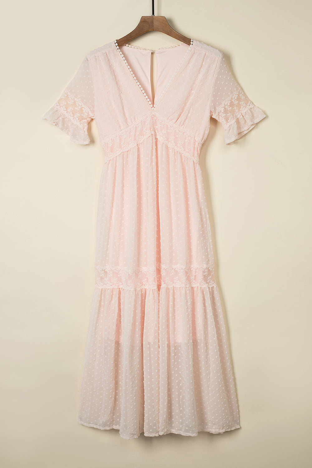 Short Sleeve V-neck Swiss Dot Pink Maxi Dress