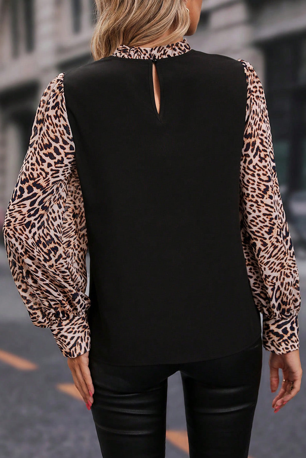 Long Sleeve Black and Leopard Print Blouse