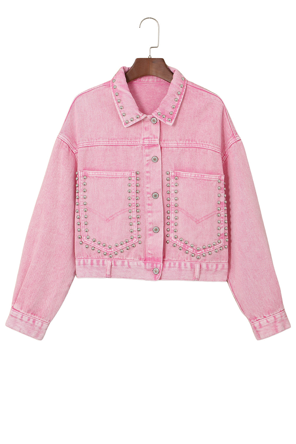 Long Sleeve Button-down Pink Studded Denim Jean Jacket