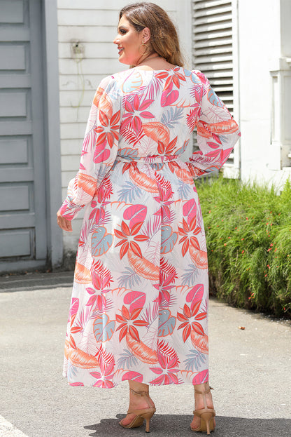 Long Sleeve V-Neck Tropical Print Plus Size Maxi Dress