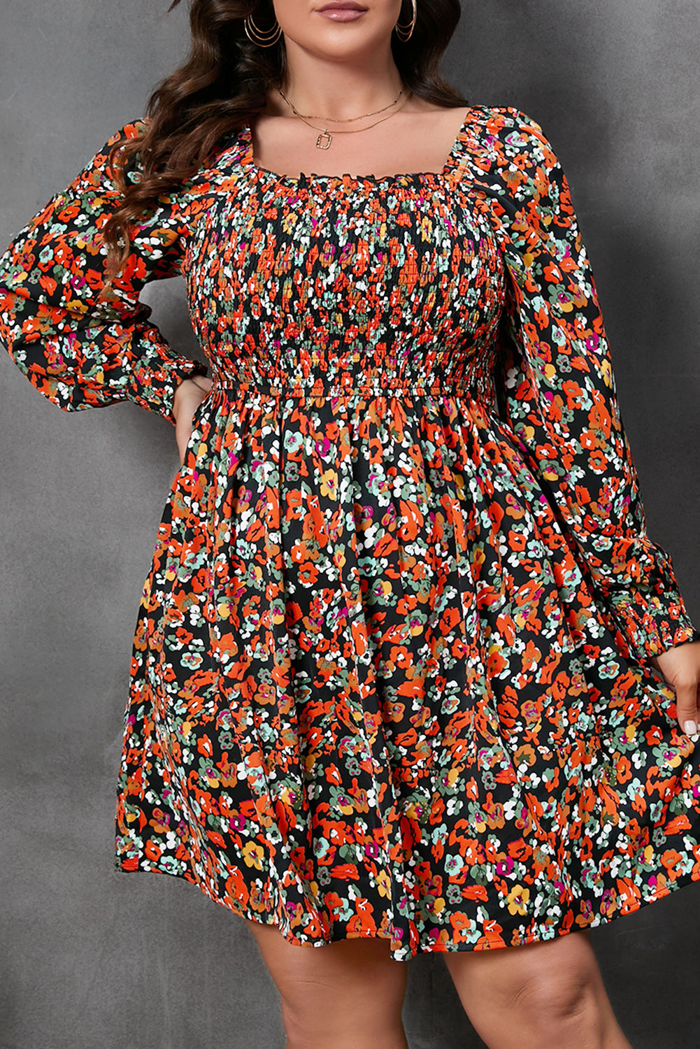 Long Sleeve Floral Print Plus Size Mini Above Knee Dress