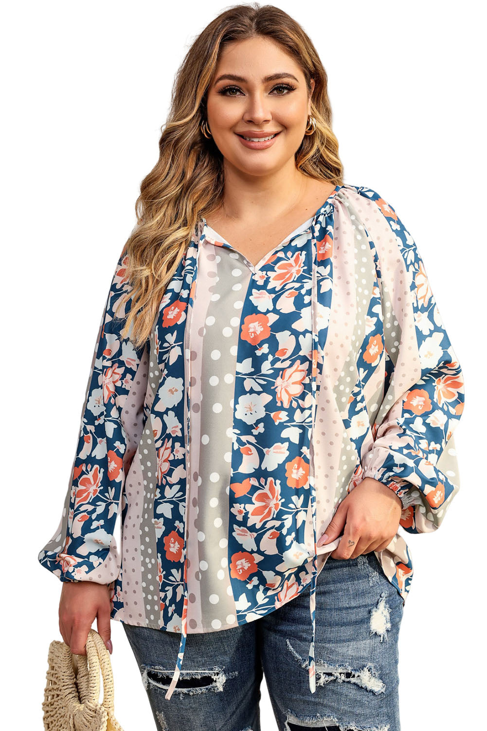 Long Sleeve Floral Print V-neck Plus-size Blouse