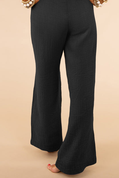 High Rise Wide Leg Textured Casual Pants