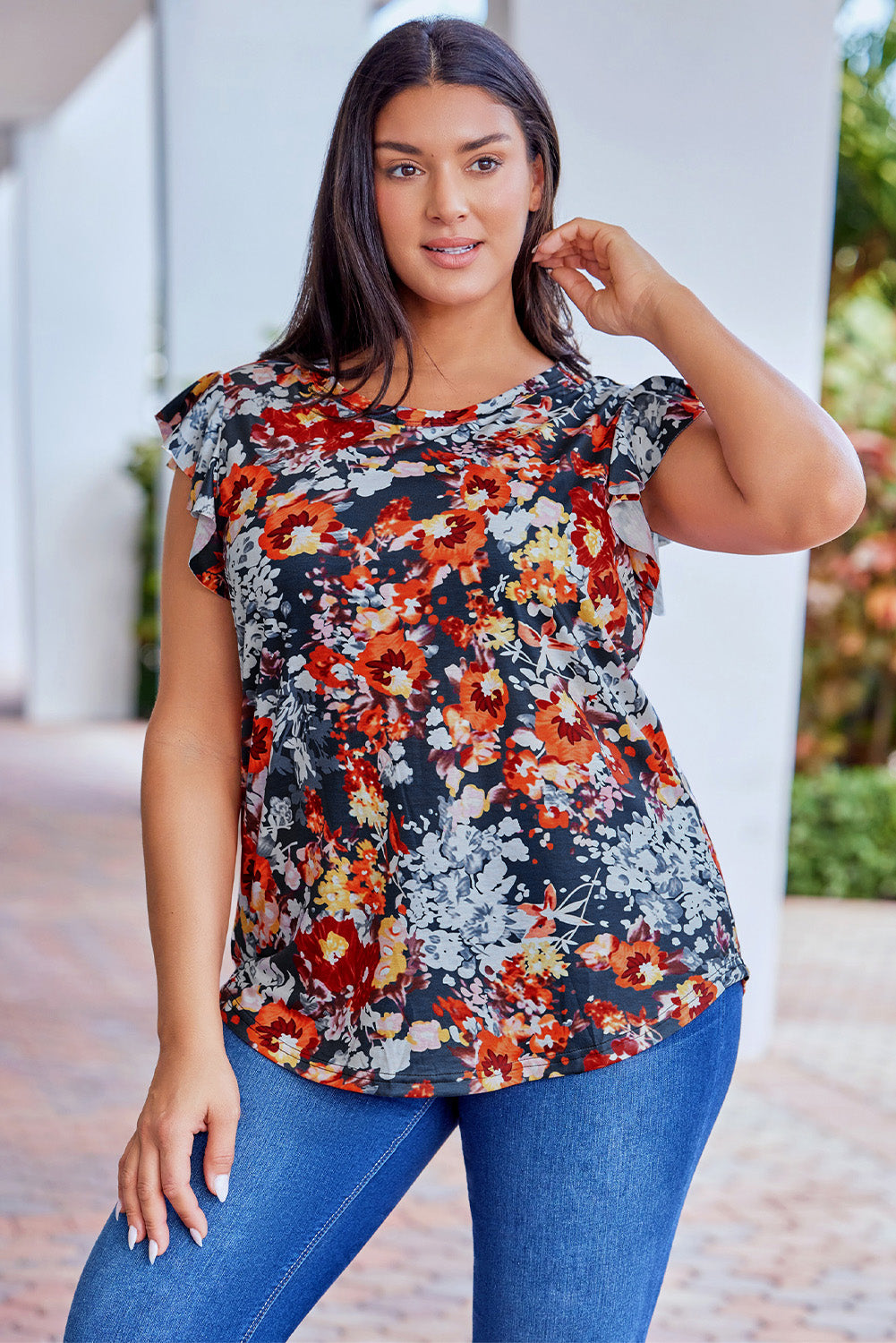 Flutter Sleeve Floral Print Plus Size Top