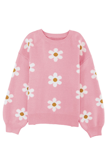 Long Sleeve Pink knit sweater with Daisies