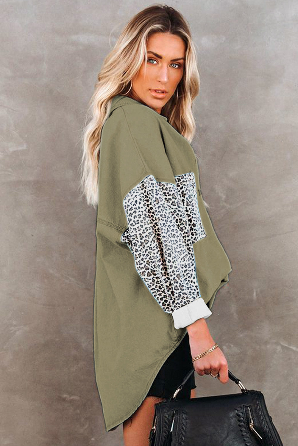 Long Sleeve Button-down Leopard Print Green Denim Jean Jacket