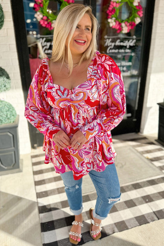 Floral Sweetheart Neck Babydoll Blouse Red Plus size