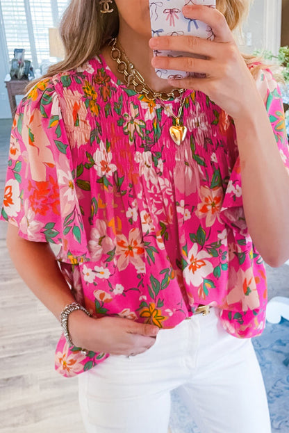 Flutter Sleeve Smocked Floral Print Top