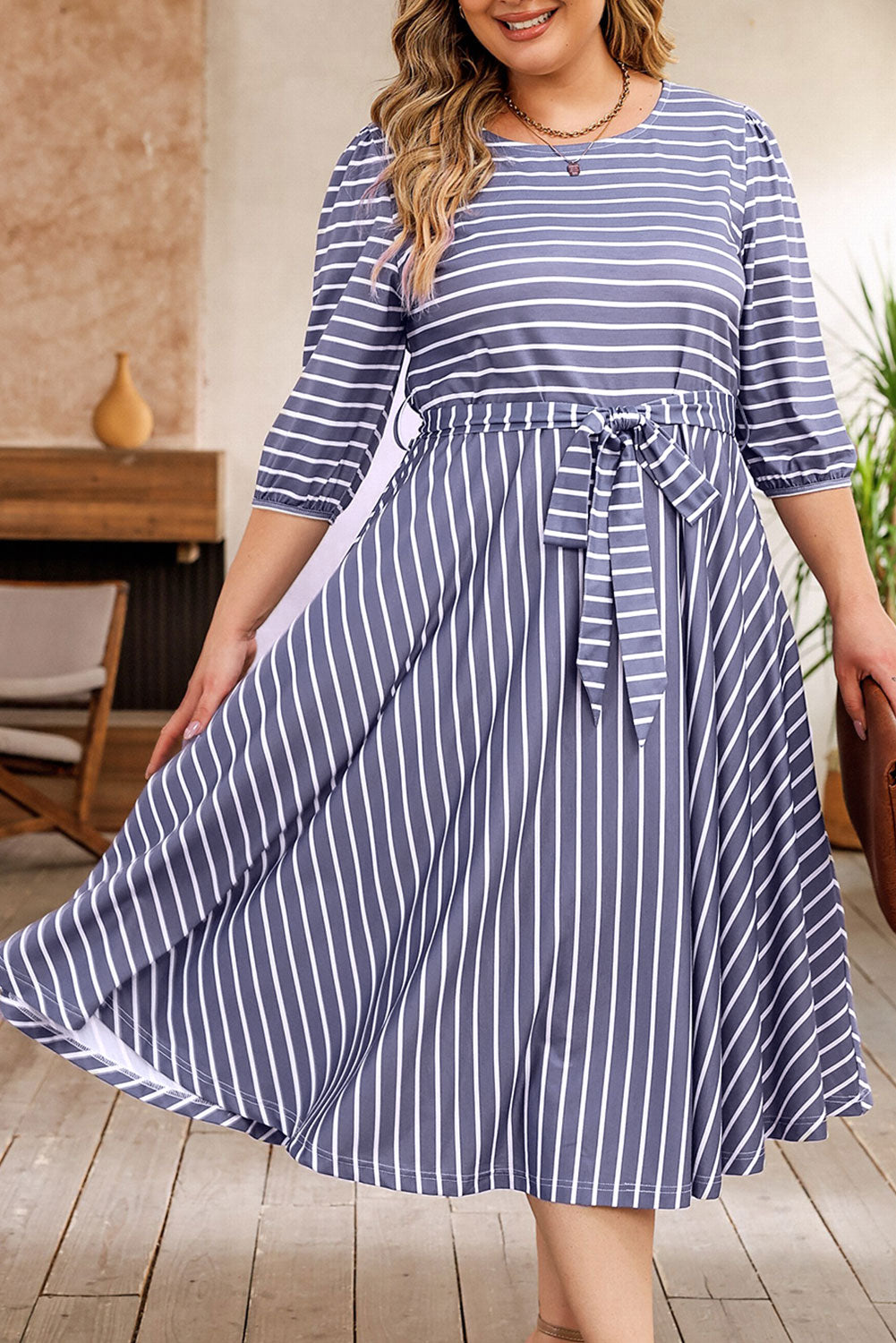 3/4 Sleeve V-neck Striped Midi Dress