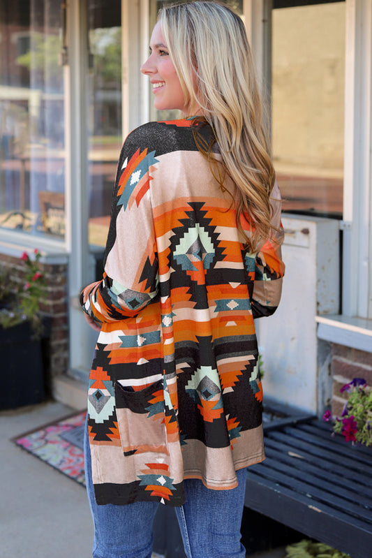 Long Sleeve Southwestern Aztec Print Long Open Front Cardigan Sweater