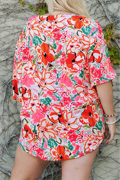 1/2 Sleeve Button- Down Floral Print Plus Size Top