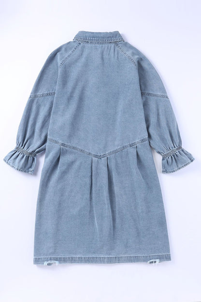 1/2 Sleeve Button-down Denim Blue Jean Mini Dress