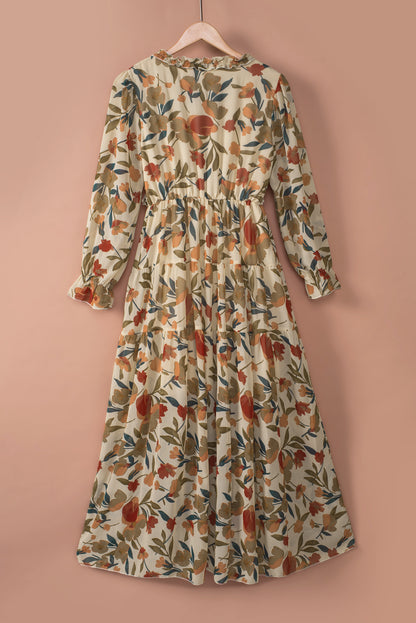 Long Sleeve Floral Print V-neck Maxi Dress