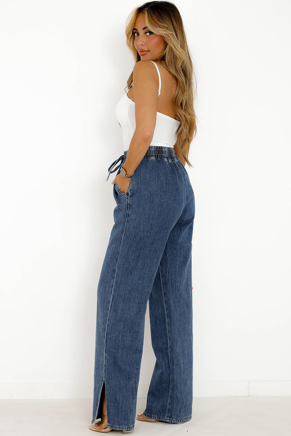 High Rise Elastic Drawstring Waist Wide Leg Jeans