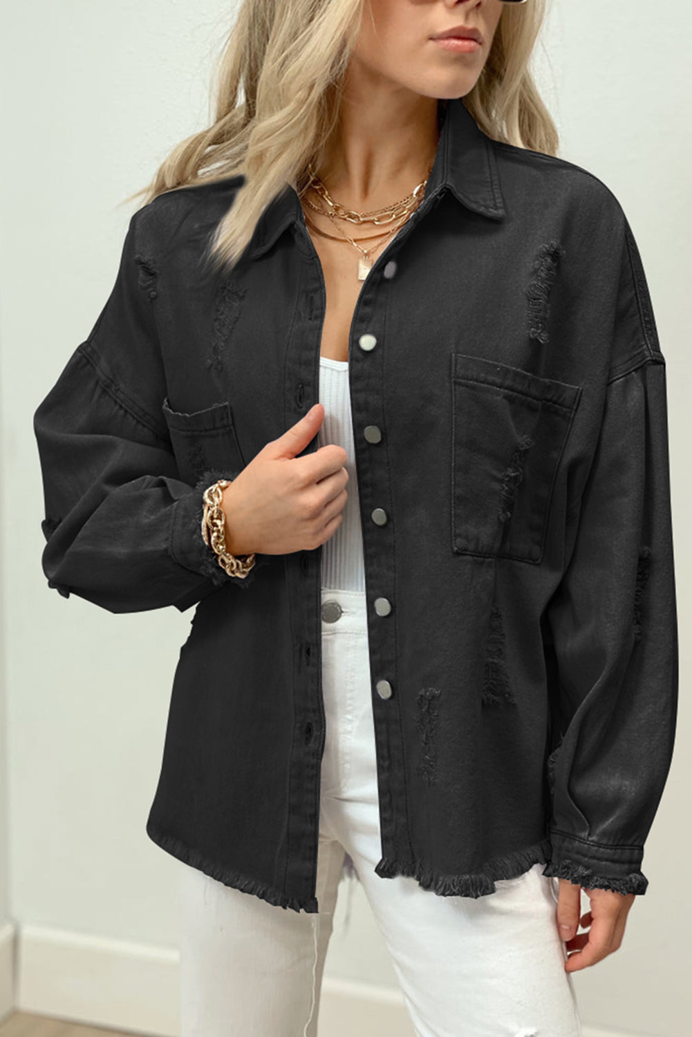 Long Sleeve Button-down Black Denim Shirt/Jacket