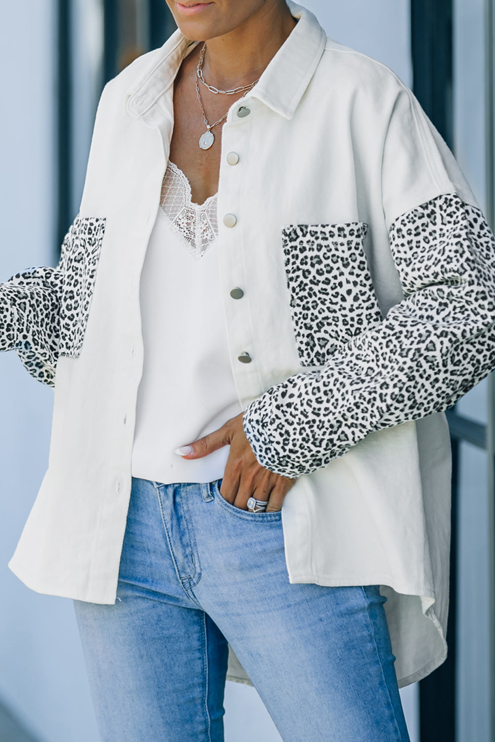 Long Sleeve Button-down Leopard Print White Denim Jean Jacket