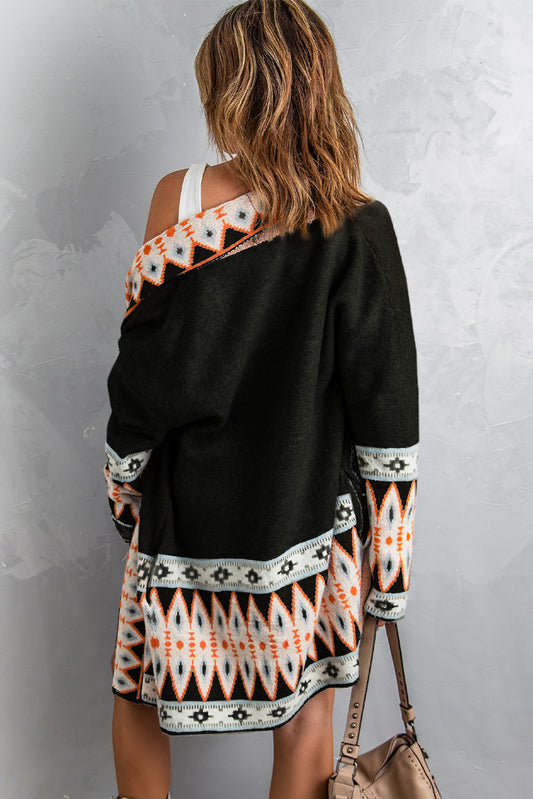 Long Sleeve Southwestern Aztec Print Long Open Front Cardigan Sweater