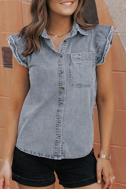 Flutter Sleeve Button-down Denim Jean Shirt