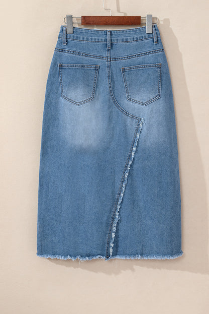 High Rise Denim Blue Jean Midi Skirt