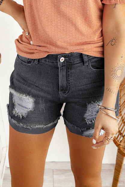 Mid-Rise Factory Distressed Black Denim Jean Shorts