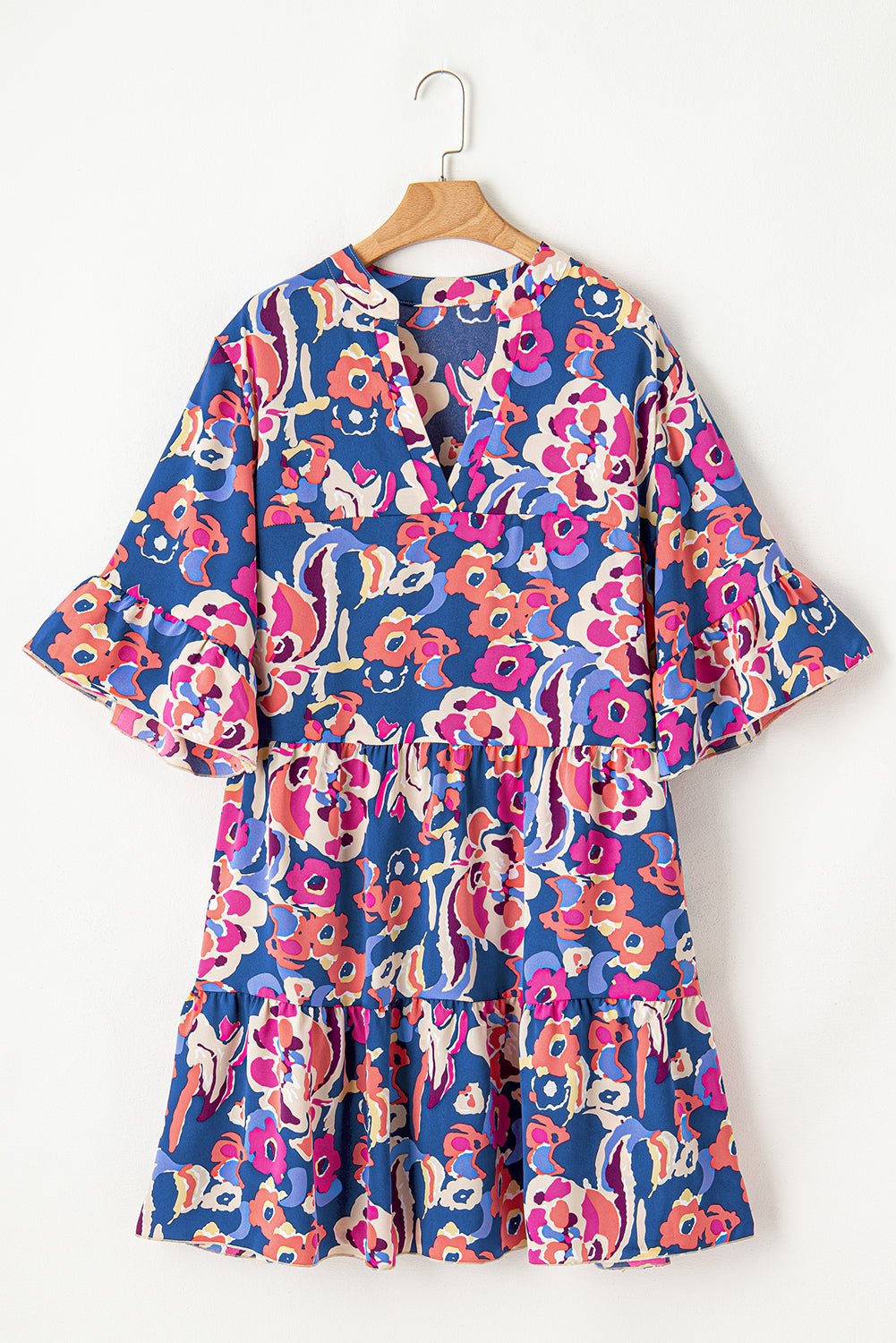 3/4 Sleeve Plus Size Floral Print Ruffled Mini Dress