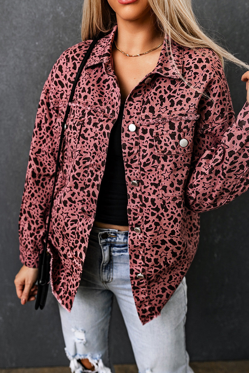 Long Sleeve Button-down Pink Leopard Print Denim Jean Jacket