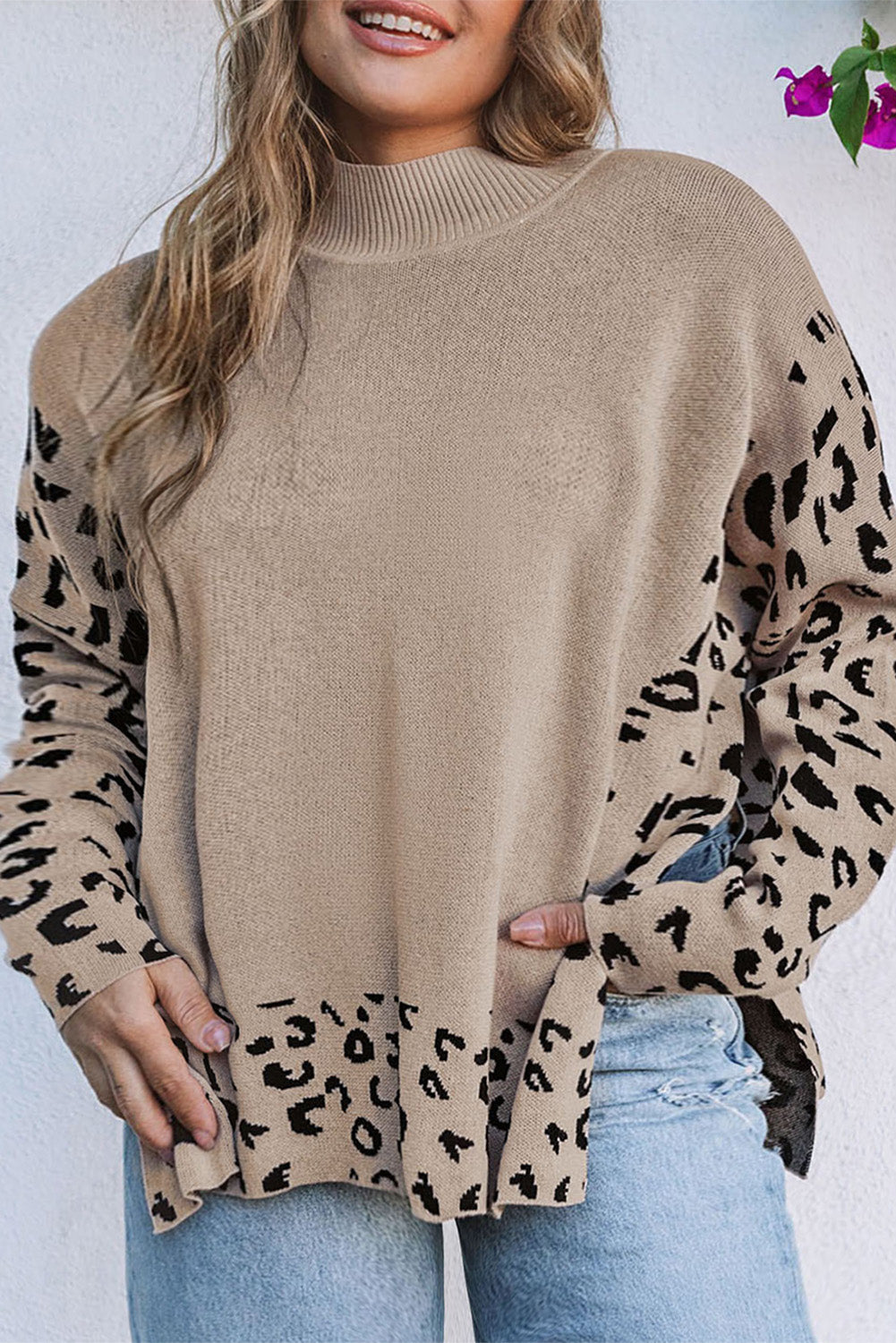 Long Sleeve Mock Neck Leopard Print Sweater