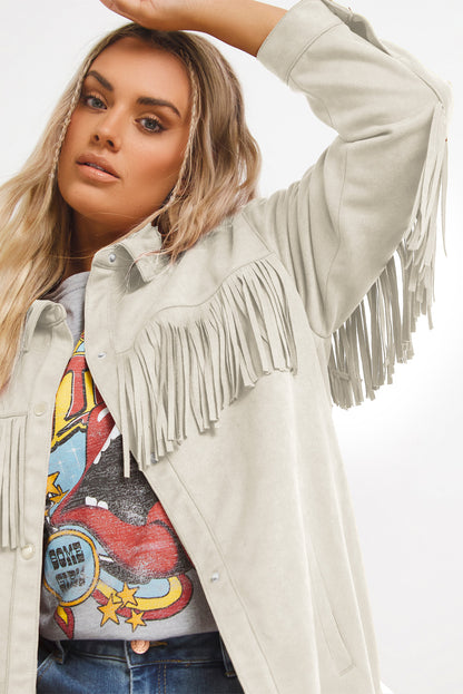 White Fringe Plus Size Suede Jacket Shacket