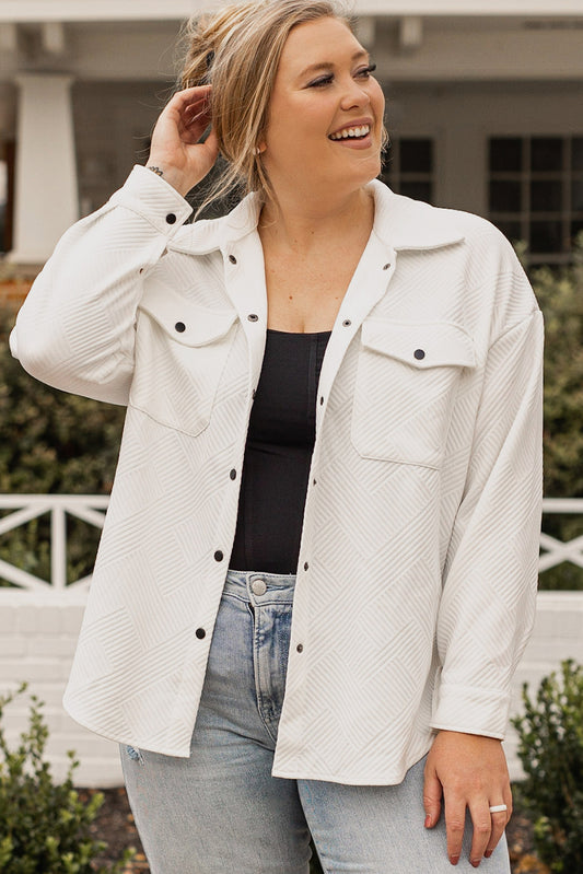 White Plus Size Textured Flap Pockets Jacket