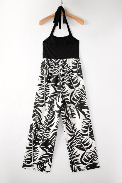 Sleeveless Wide Leg Black and White Tropical Print Jumpsuit