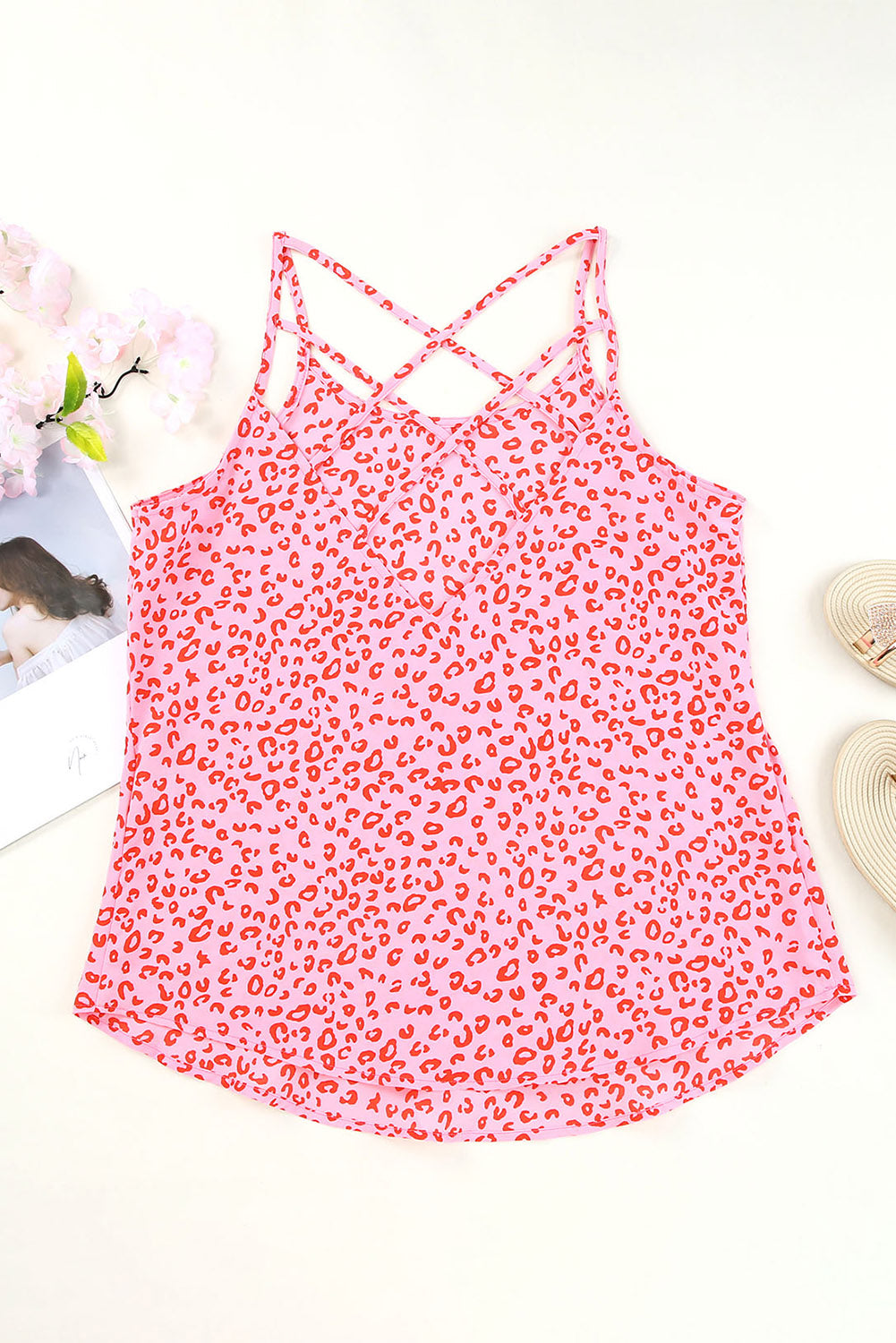 Sleeveless Pink Leopard Print Strappy Tank Top