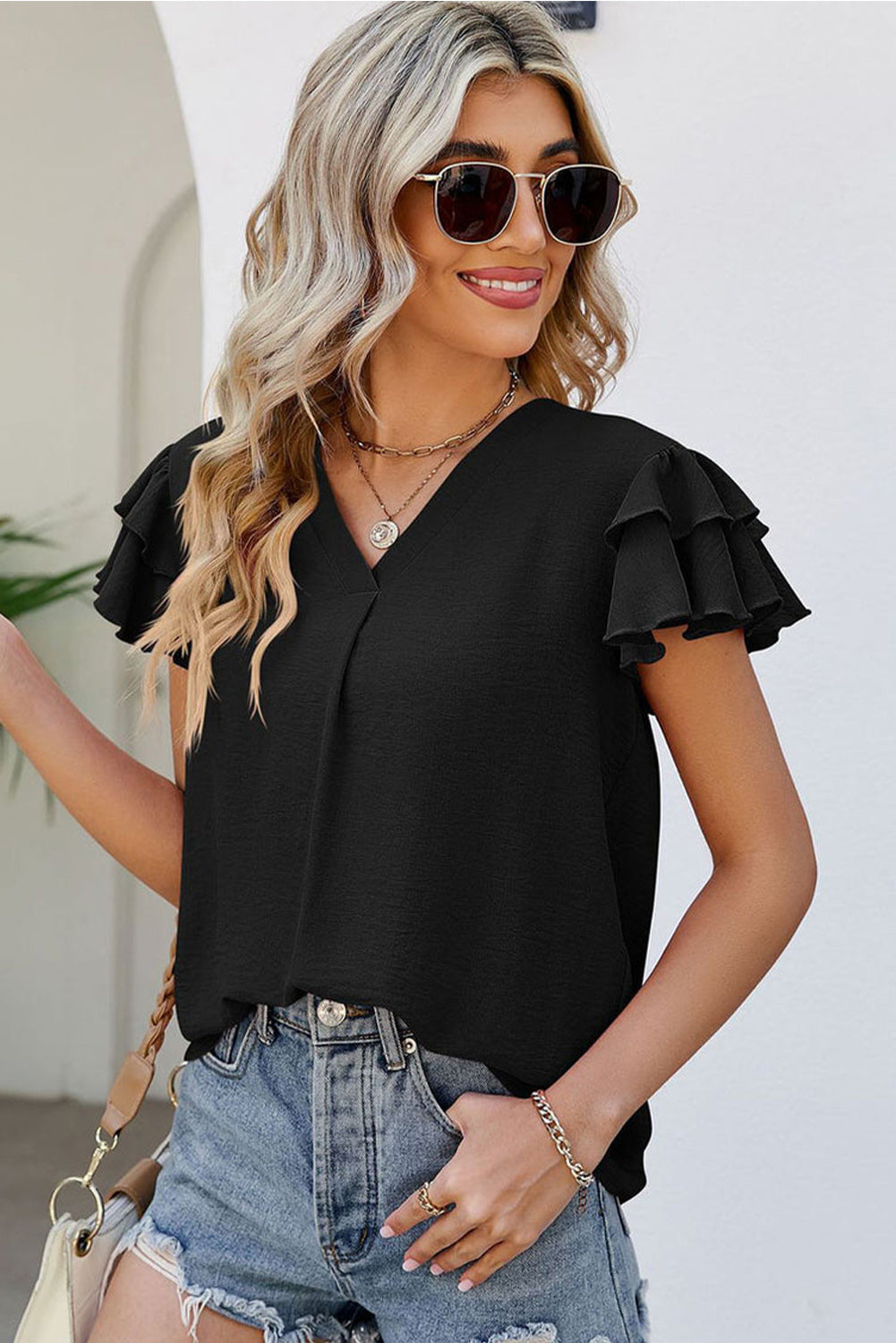 Flutter Sleeve V-neck Black Top