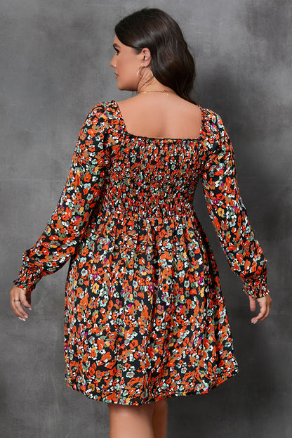 Long Sleeve Floral Print Plus Size Mini Above Knee Dress