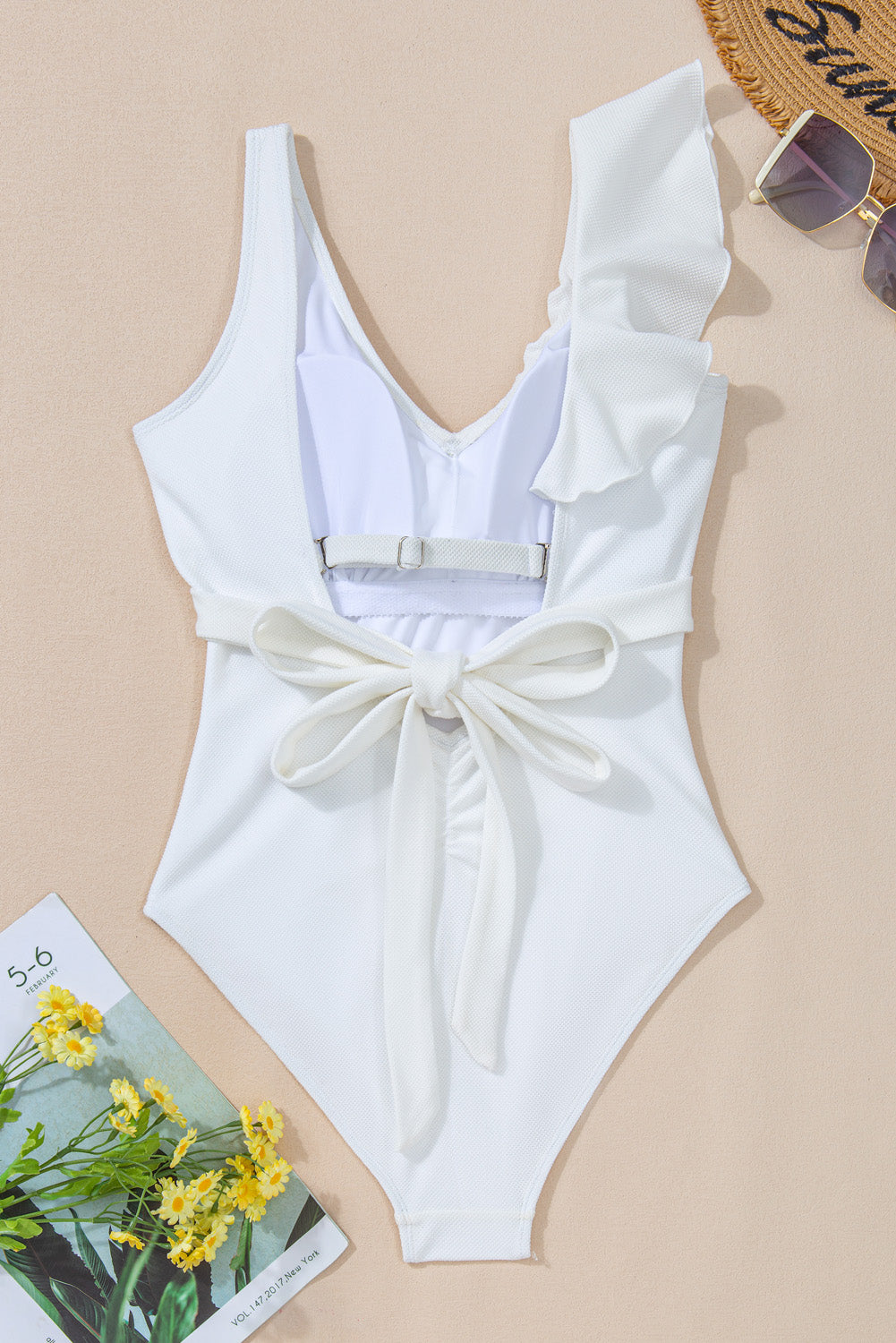 One-piece High Waisted White V-neck Swimsuit