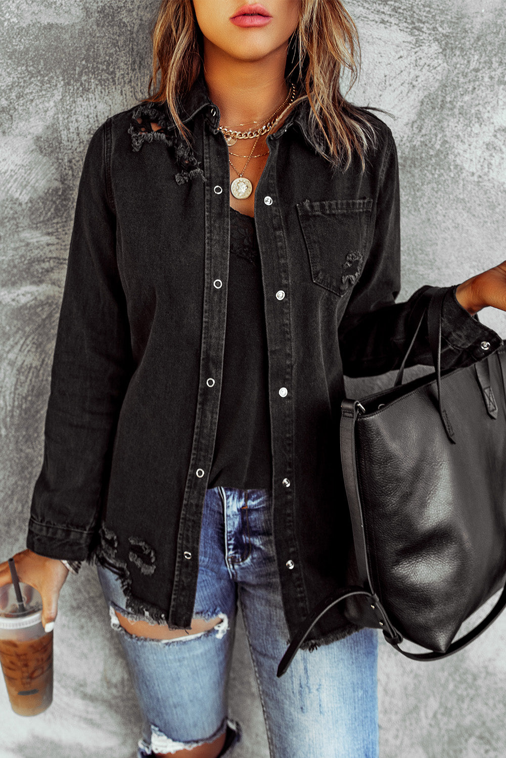 Long Sleeve Button-Down Black Ripped Denim Jean Jacket