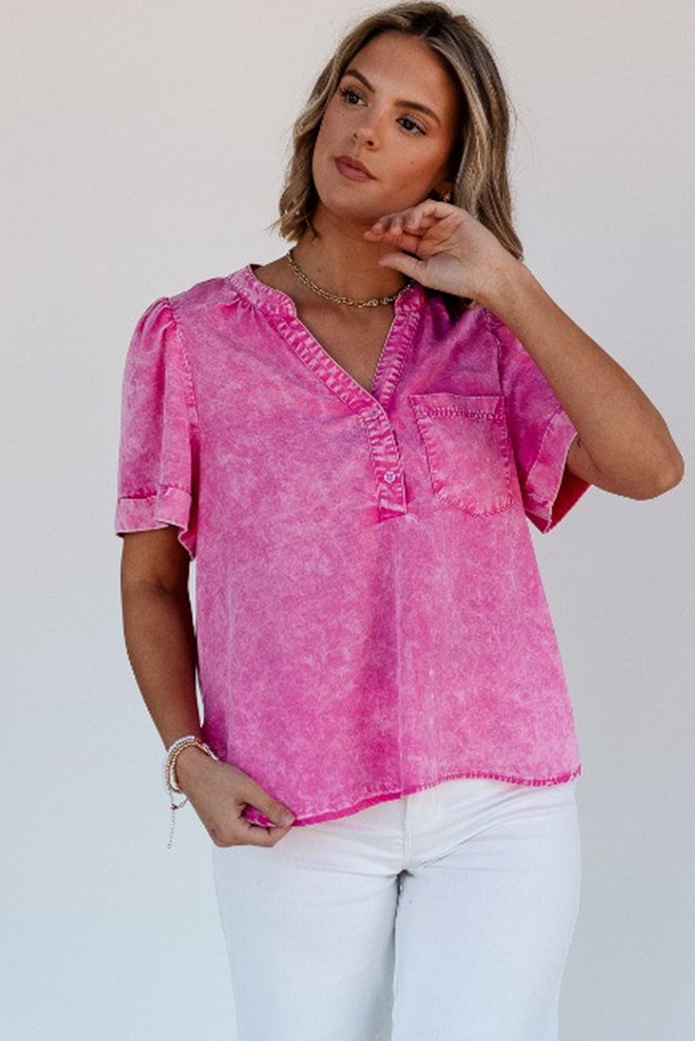 Short Sleeve Split V-neck Pink Denim Chambray Top