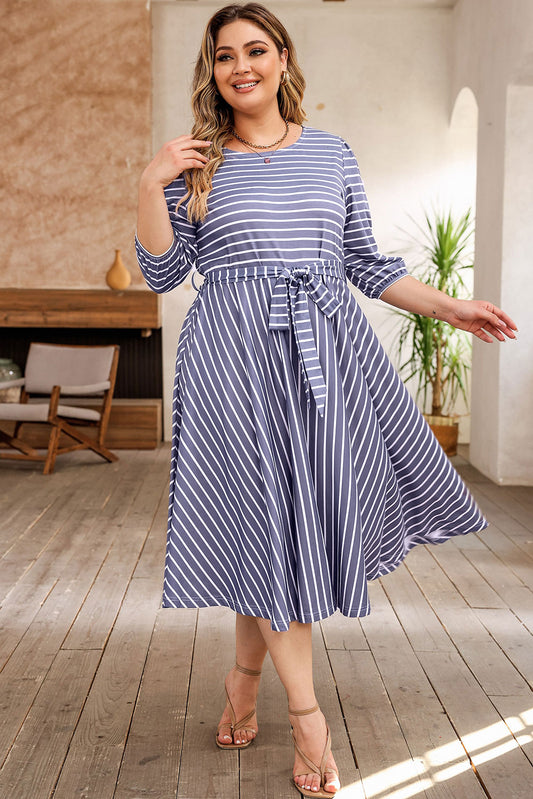 3/4 Sleeve V-neck Striped Midi Dress