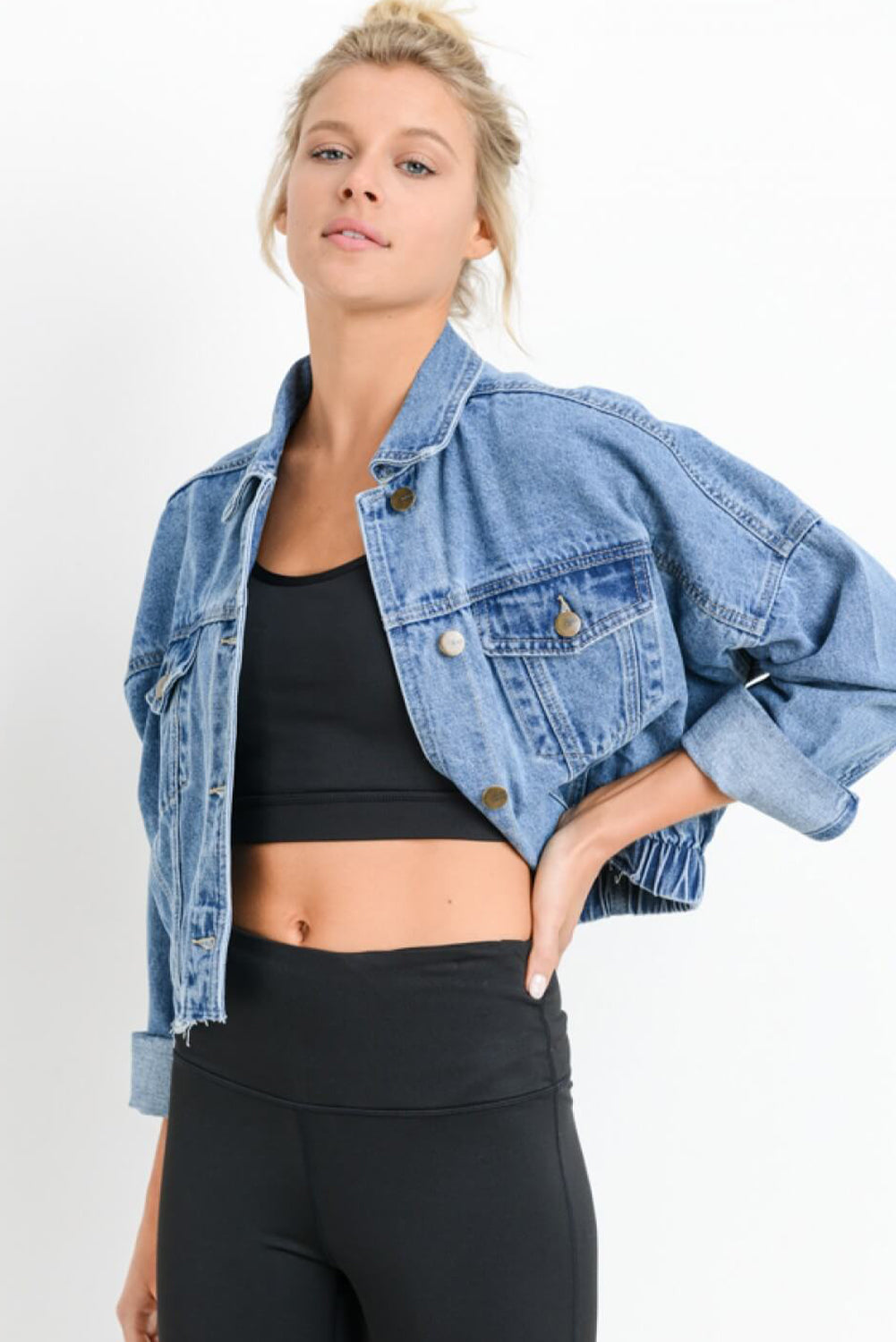 Long Sleeve Drop Shoulder Button-down Cropped Denim Blue Jean Jacket