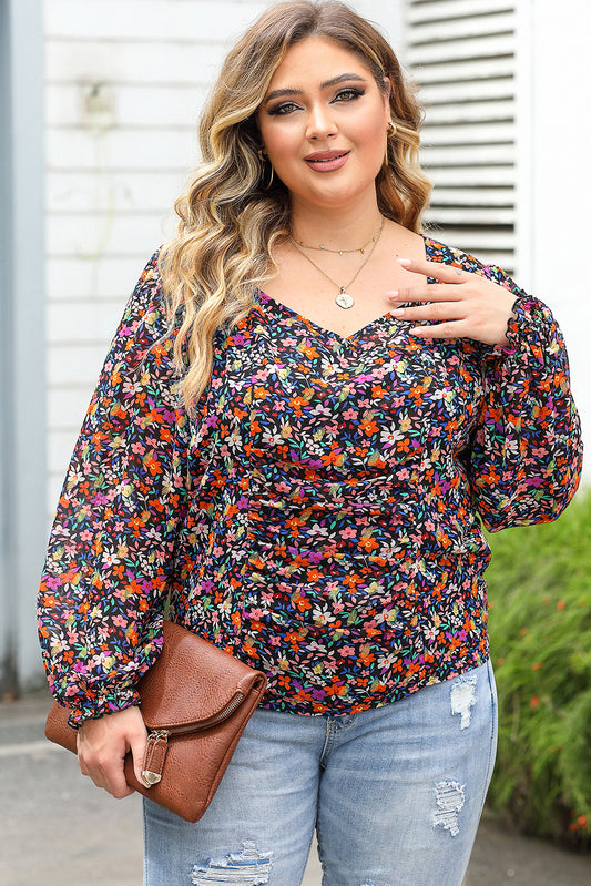 Multicolor Plus Size V Neck Puffy Sleeve Floral Print Blouse