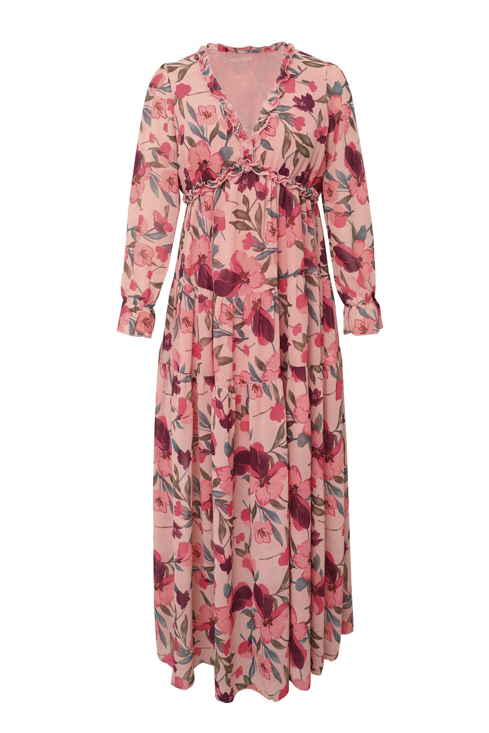 Long Sleeve Floral Print Ruffled Maxi Dress