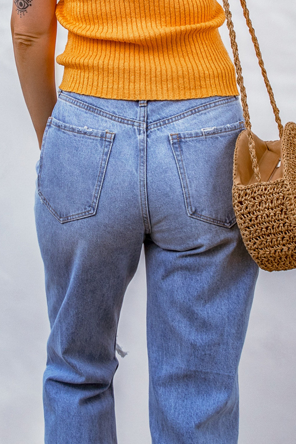 Mid-Rise Distressed Denim Blue Jeans