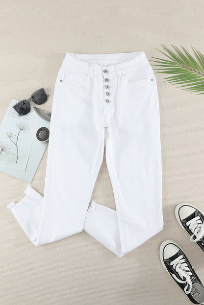 Mid Rise Button Fly White Skinny Jeans