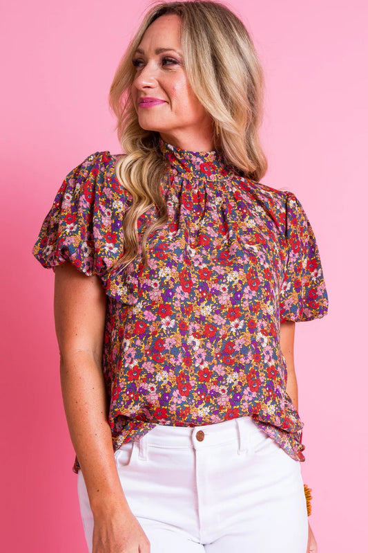 Short Sleeve Floral Print Mock Neck Puff Sleeve Top