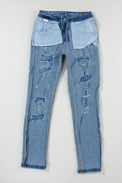 Mid-Rise Straight Leg Factory Distressed Jeans Denim Blue Jeans