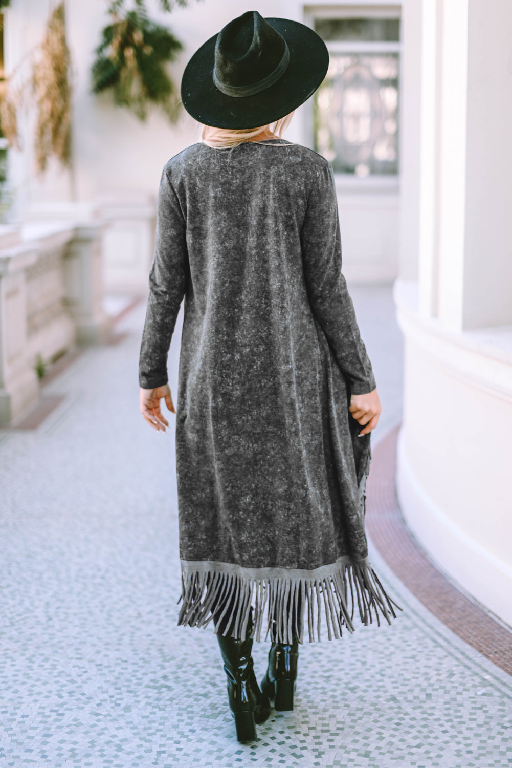 Black Long Western Style Open Front Cardigan with Fringe Detail