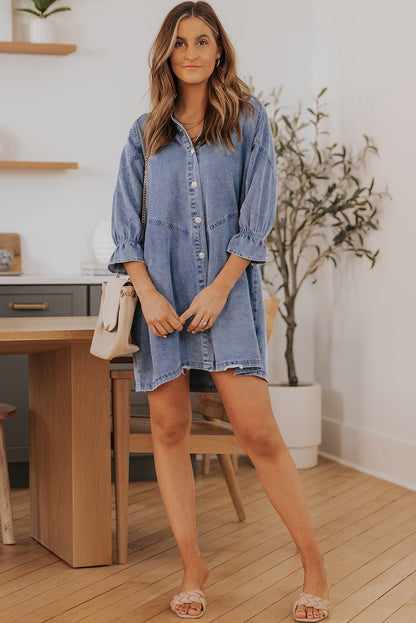 1/2 Sleeve Button-down Denim Blue Jean Mini Dress