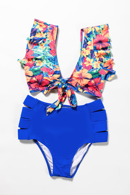 Two-piece Solid Bottom Floral Print Top Swimsuit